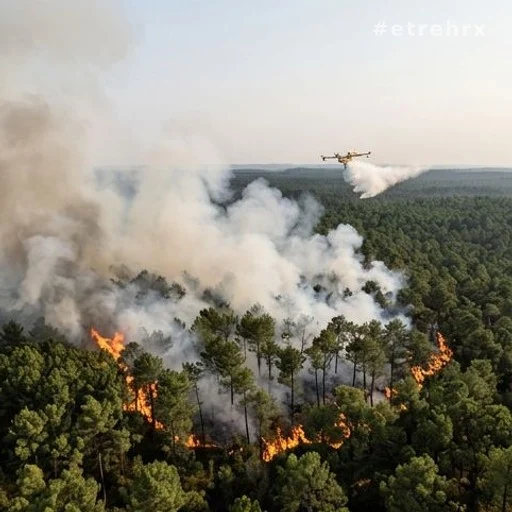 Forêt de pins en feu avec avion bombardier d'eau en intervention, été 2026