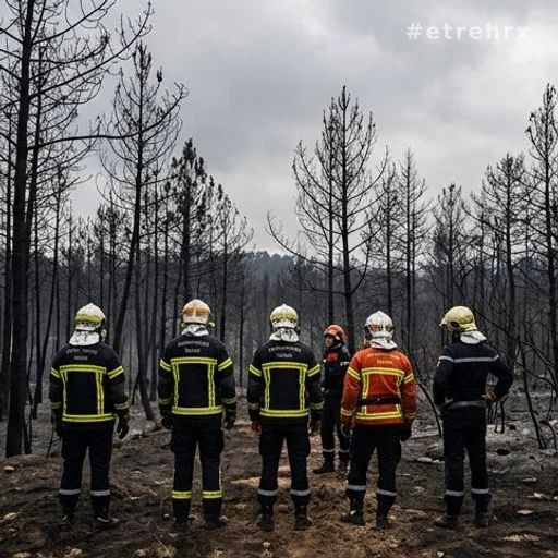 Pompiers de dos face à une forêt calcinée après un incendie majeur