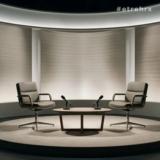 Plateau de télévision avec deux sièges face à face et micros