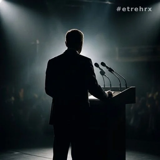Silhouette d'un orateur de dos à un pupitre avec micros
