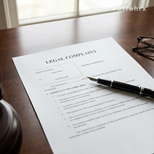 Document de plainte judiciaire posé sur un bureau, stylo à côté