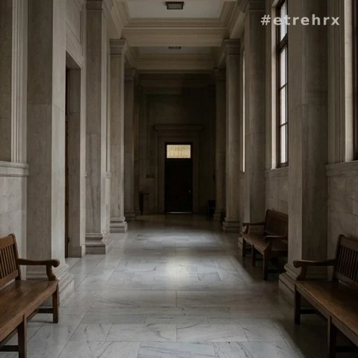 Couloir d'un palais de justice avec colonnes en pierre, lumière tamisée