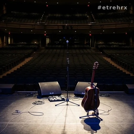 Scène de concert vide avec micro sous les projecteurs, salle en arrière-plan