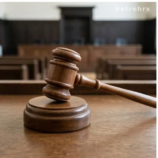 Marteau de juge sur un bureau dans une salle d'audience, affaire judiciaire en cours