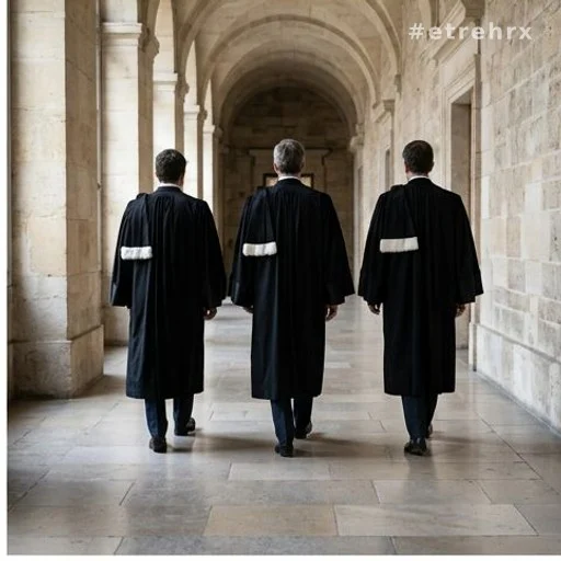 Avocats de dos dans un couloir de palais de justice lors d'une affaire pénale
