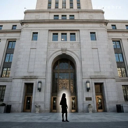Façade d'un palais de justice, silhouette de femme devant l'entrée, procédure judiciaire