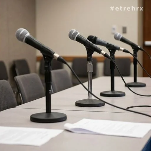 Microphones sur une table de conférence de presse, déclaration des avocats de la défense