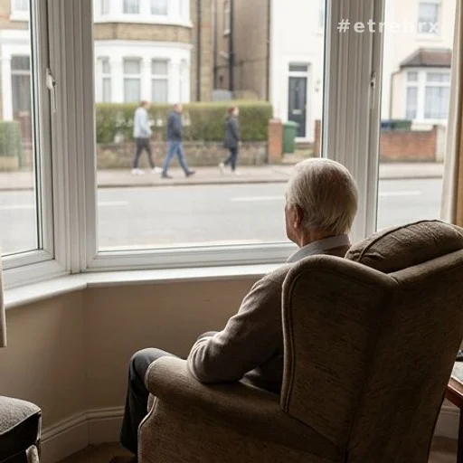 Personne âgée de dos assise près d'une fenêtre observant la rue