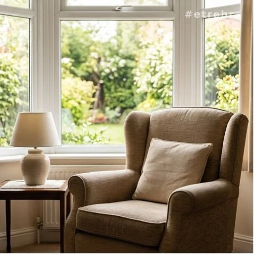 Fauteuil confortable placé devant une fenêtre lumineuse donnant sur un jardin