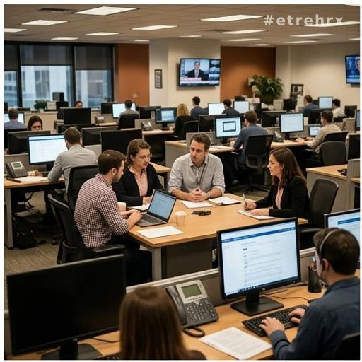 Salle de rédaction moderne avec journalistes au travail