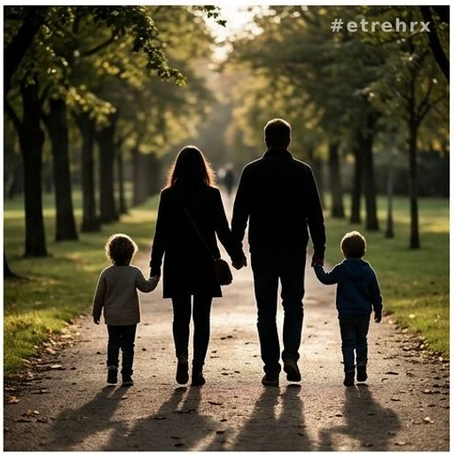 Silhouettes d'un couple avec deux enfants dans un parc