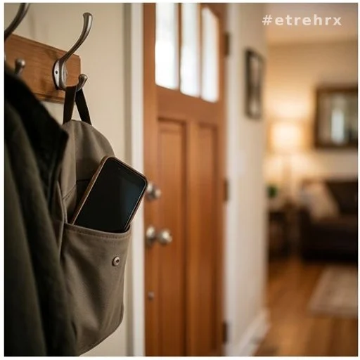 Téléphone posé dans une poche de manteau près d'une entrée de maison