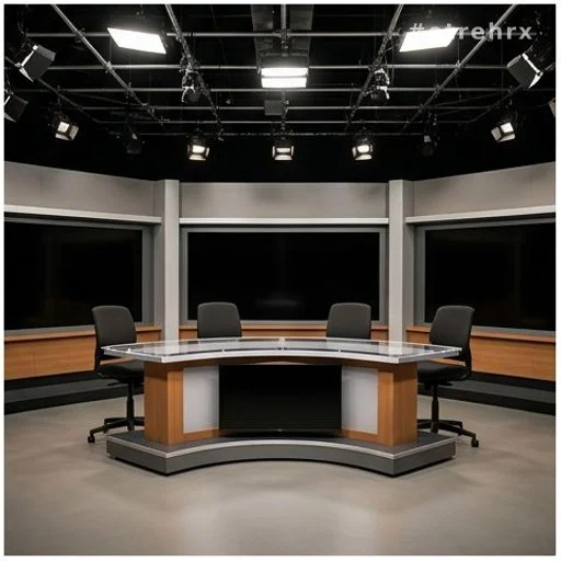 Plateau de télévision vide avec bureau de présentateur et éclairages de studio