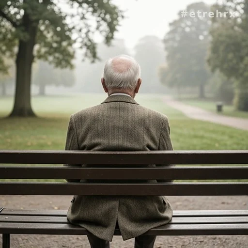 Homme âgé assis seul sur un banc, regard perdu au loin, retraite et solitude