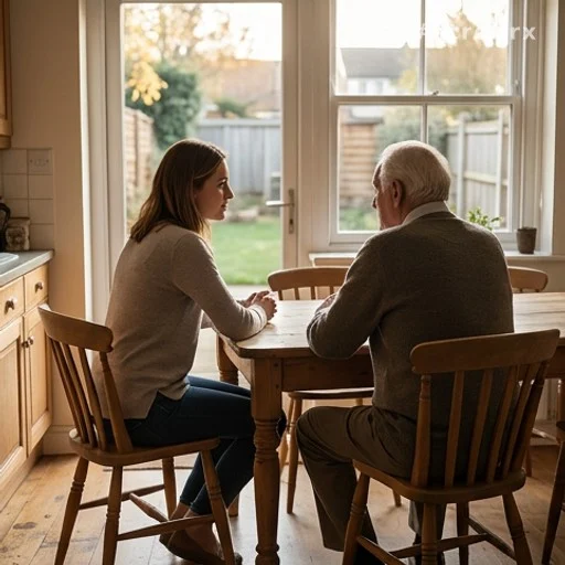 Deux générations en conversation à une table, transmission d'un témoignage familial
