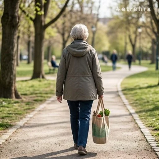 Femme senior marchant seule et de manière autonome dans un parc ensoleillé