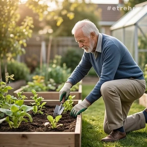 Homme âgé faisant du jardinage de manière autonome dans son jardin