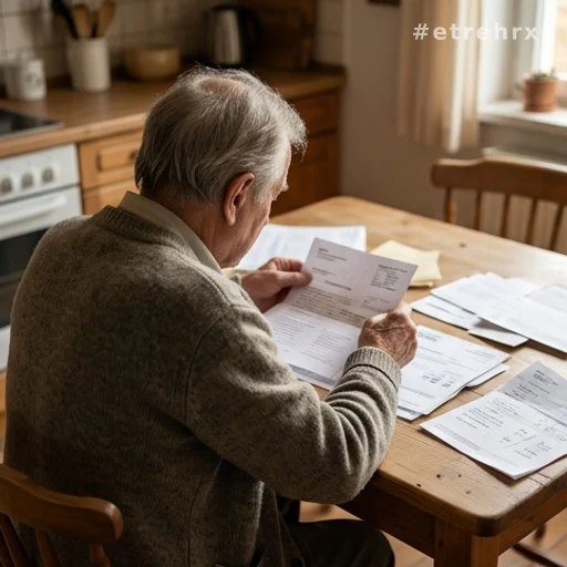 Senior retraité examinant ses documents financiers et sa pension à domicile