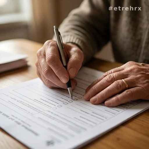 Mains d'une personne âgée remplissant un formulaire de demande d'allocation retraite
