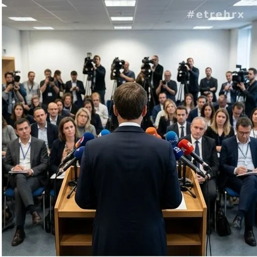 Responsable politique de dos face aux journalistes lors d'une conférence de presse