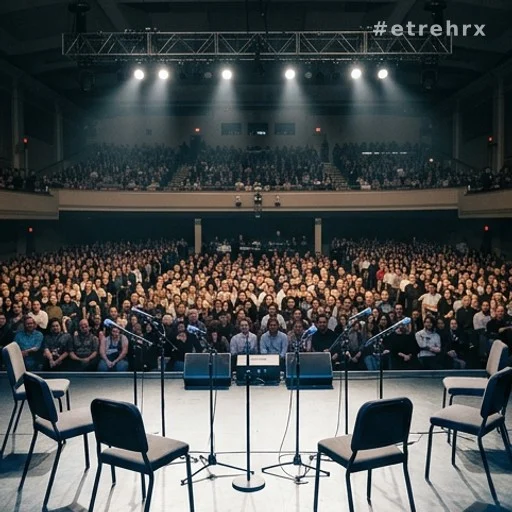 Salle de spectacle comble avec décor de plateau radio pour une émission spéciale