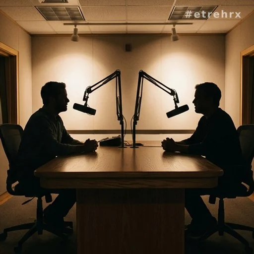 Deux animateurs en studio radio face à des microphones lors d'une émission en direct