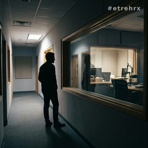 Silhouette d'un animateur observant un studio de radio depuis le couloir