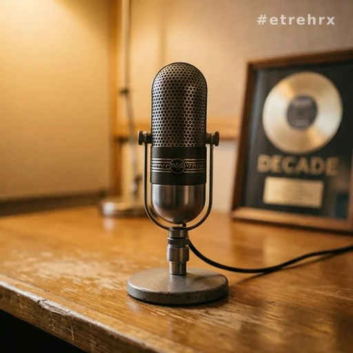 Microphone de studio radio vintage avec plaque commémorative des dix ans en arrière-plan