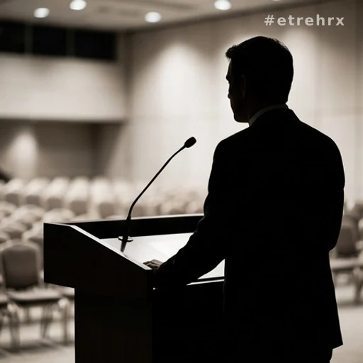 Silhouette d'un candidat à un pupitre lors d'un meeting politique