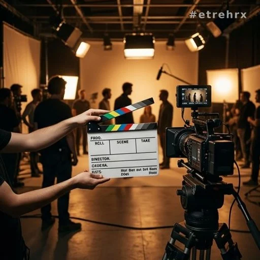 Plateau de tournage français avec clap de cinéma au premier plan