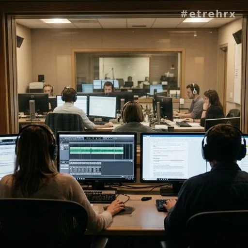 Équipe d'une rédaction radio travaillant en coulisses