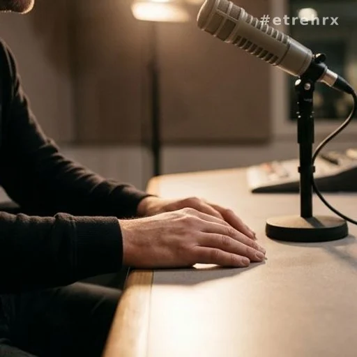 Mains d'un animateur radio posées sur le bureau d'un studio lors de ses adieux