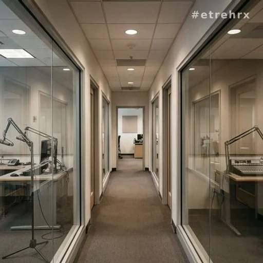 Couloir d'une station de radio avec studios visibles, dans le contexte d'une rentrée médiatique