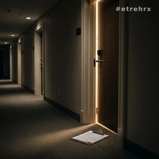 Couloir d'hôtel la nuit évoquant un contrôle antidopage nocturne sur le Tour de France