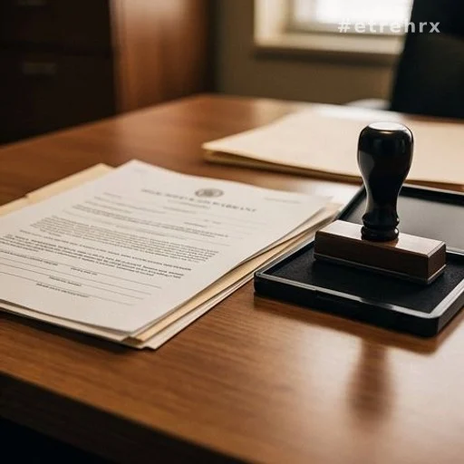 Documents officiels et tampon judiciaire sur un bureau, symbolisant l'autorisation légale des contrôles nocturnes