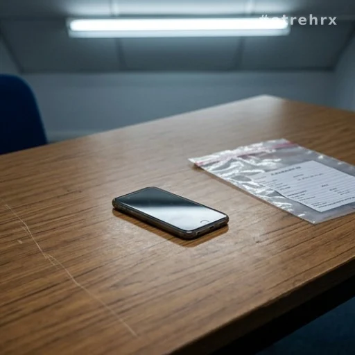 Téléphone portable posé sur une table d'enquête, pièce à conviction de cambriolage
