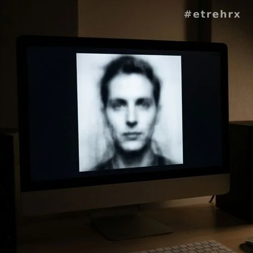 Écran d'ordinateur affichant un portrait flou généré par intelligence artificielle