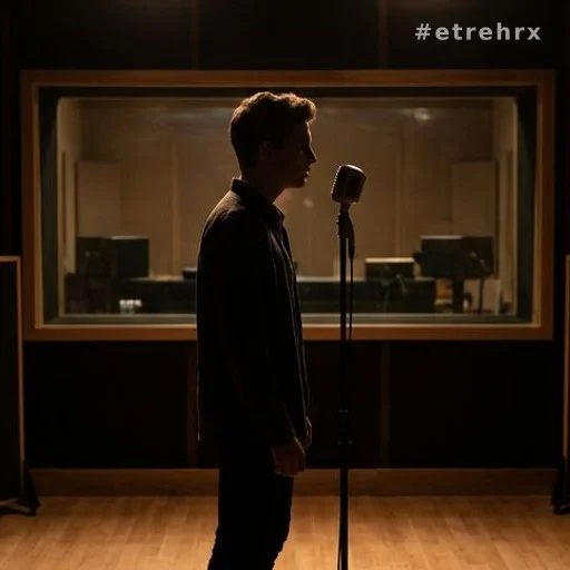 Chanteur en silhouette devant un micro dans un studio radio