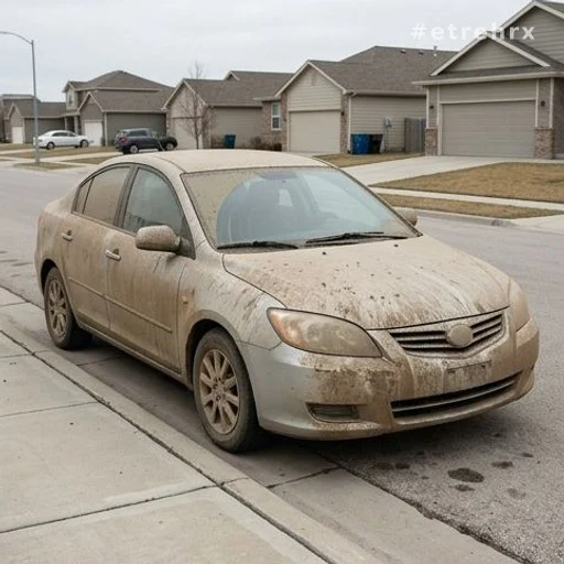 Voiture couverte de boue et de poussière garée dans une rue