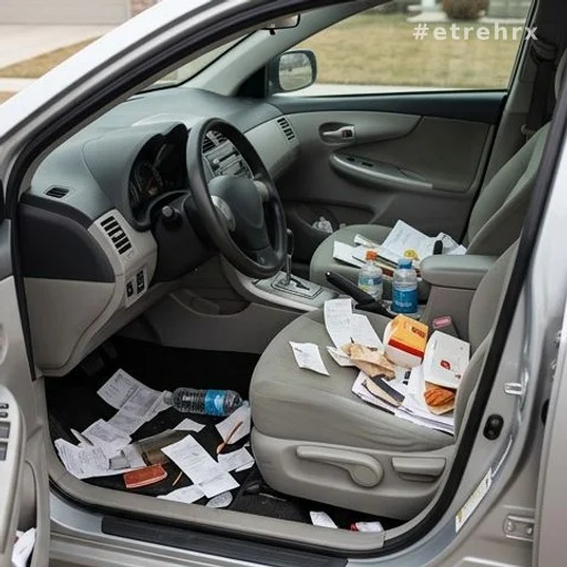 Intérieur de voiture encombré d'objets et de papiers