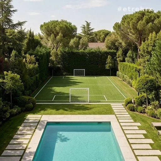 Piscine privée et terrain de football dans le jardin d'une villa de luxe