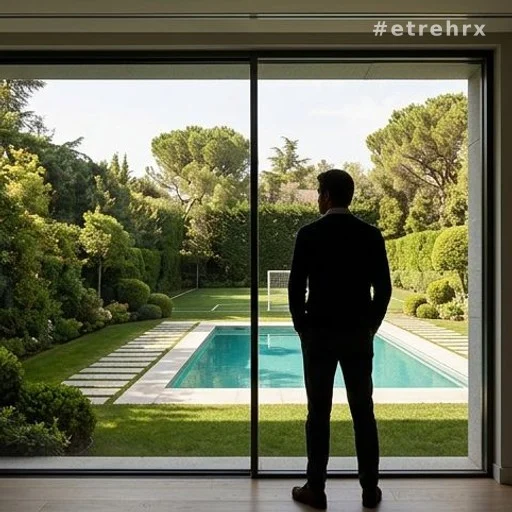 Silhouette d'un homme regardant le jardin depuis l'intérieur d'une villa de luxe