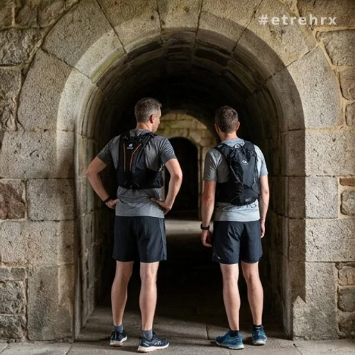 Deux candidats de dos devant une arche en pierre dans un fort