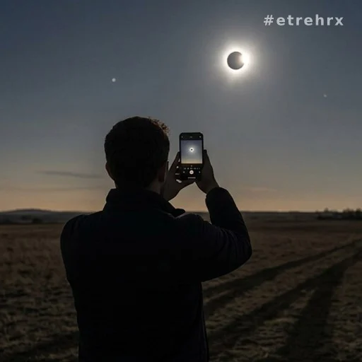 Personne photographiant une éclipse solaire avec un smartphone, vue de dos