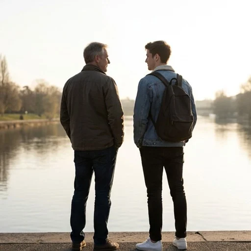 Silhouettes d'un père et d'un fils adulte vus de dos en extérieur