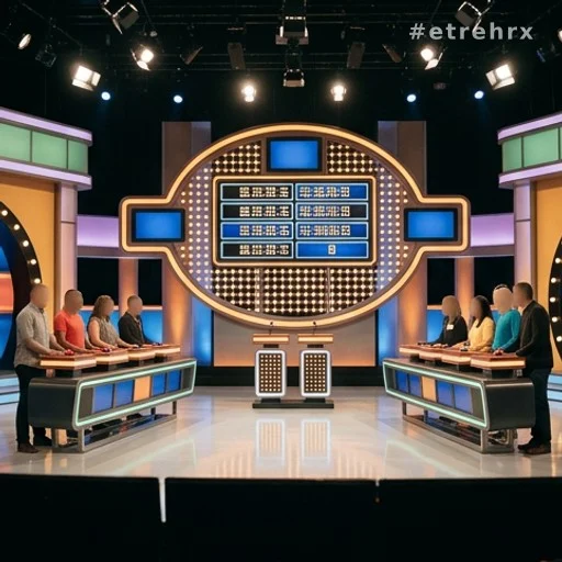 Plateau de jeu télévisé avec buzzers et tableau de scores lumineux