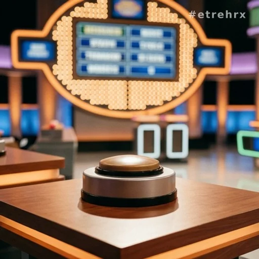 Buzzer de jeu télévisé sur un pupitre avec tableau de scores en arrière-plan