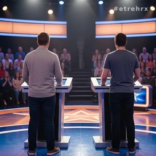 Deux candidats de dos face à leurs pupitres sur un plateau de jeu télévisé