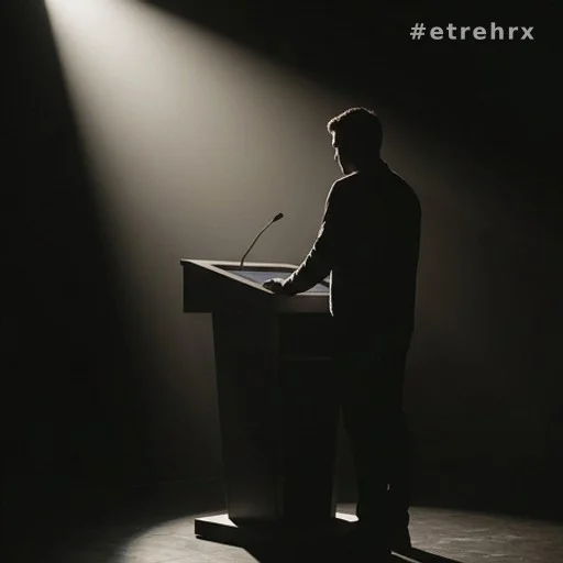 Silhouette d'un candidat seul à son pupitre sous un projecteur de plateau TV