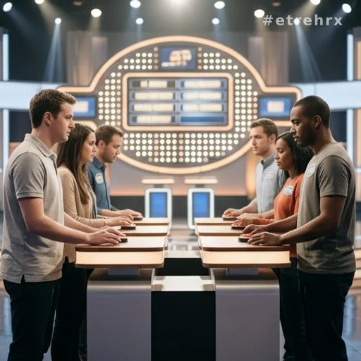 Plateau de jeu télévisé avec deux équipes face à face et tableau de scores lumineux